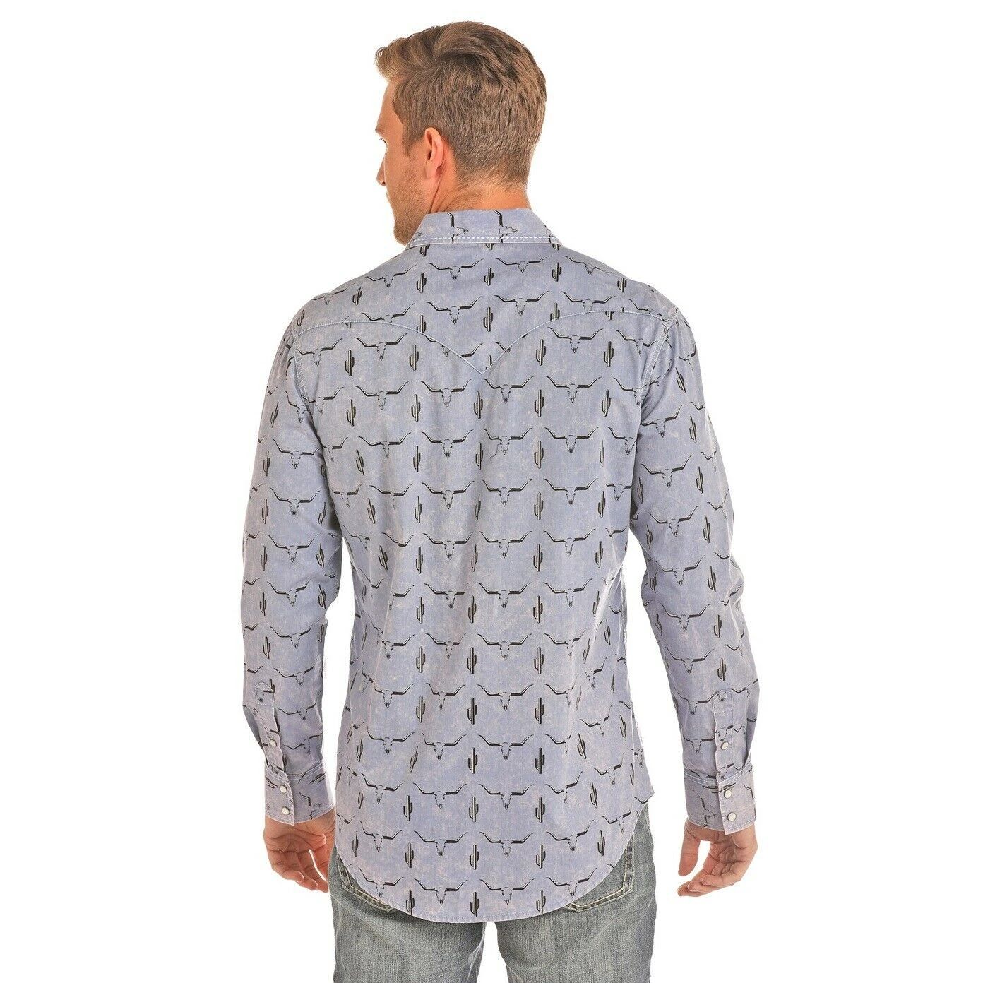 Rock & Roll Cowboy Bleach Washed Longhorn Skull Button-Down B2S9110 - Image 2