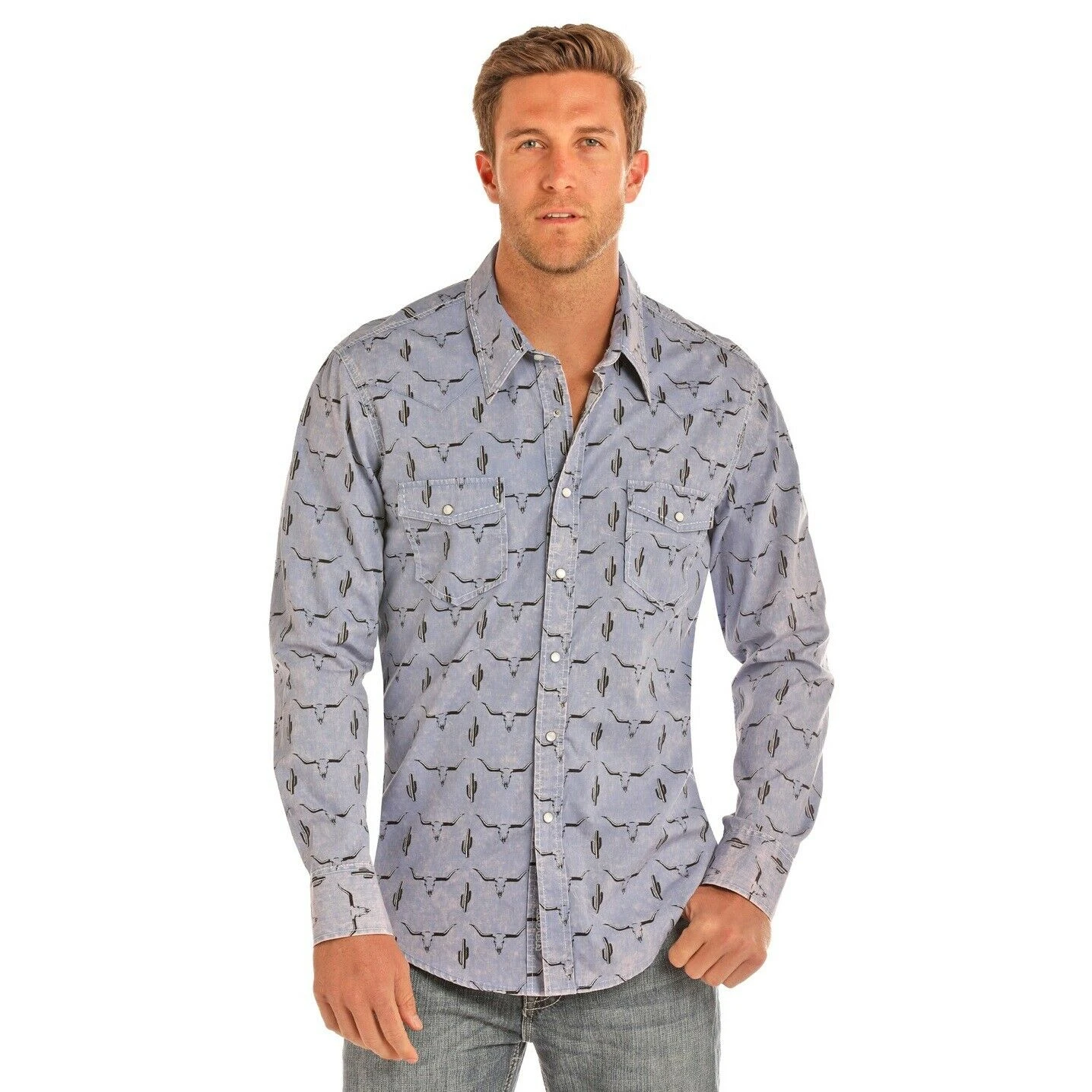Rock & Roll Cowboy Bleach Washed Longhorn Skull Button-Down B2S9110