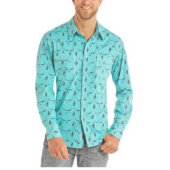 Rock & Roll Cowboy Longhorn Skull Poplin Button Up Shirt B2S9114