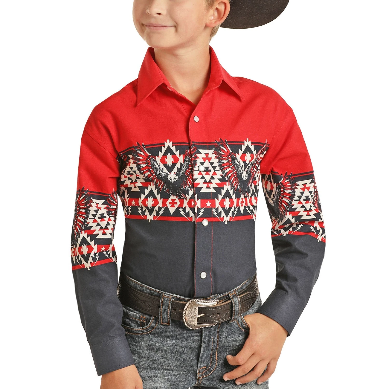 Panhandle Boys Border Print Navy Long Sleeve Snap Shirt C0S1271