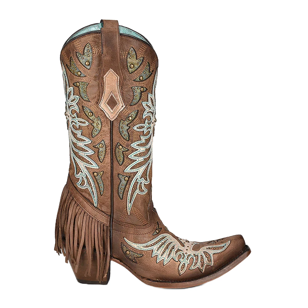 Corral Boots Corral Ladies Brown & Fringe Western Snip Toe Boots C3904 - Image 2