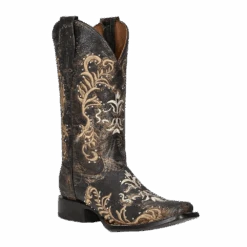 Circle G By Corral Ladies Studs & Embroidery Black & Bone Boots L2051